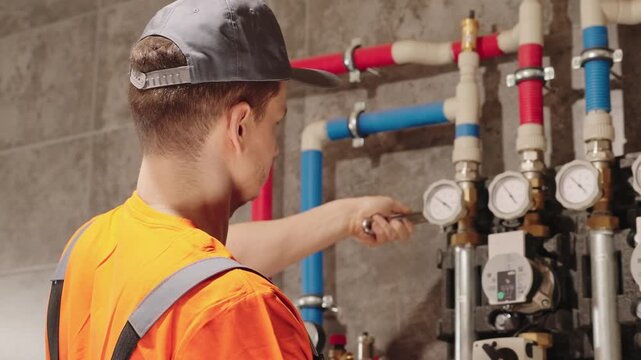 Plumber Or HVAC Technician Repairing Heating Pipe Connection With Wrench, Closeup. Equipment Longevity And Cost Savings Through Repair And Maintenance Concept.