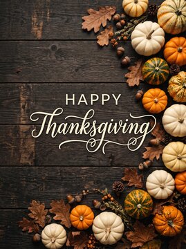 Rustic wooden background with a Happy Thanksgiving greeting, decorated with colorful pumpkins, gourds, autumn leaves, and acorns.