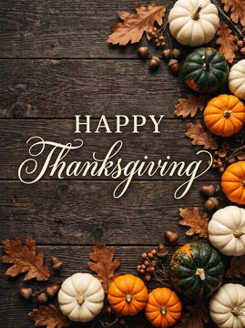 A festive Happy Thanksgiving greeting set against a rustic dark wooden background, adorned with a vibrant arrangement of colorful pumpkins, autumn leaves, and acorns.