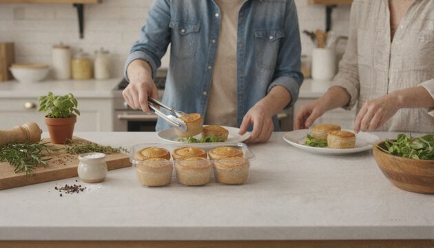 Friends serving mini pork pies in a modern kitchen
