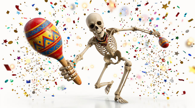 Funny skeleton dancing and playing colorful maracas with confetti falling down