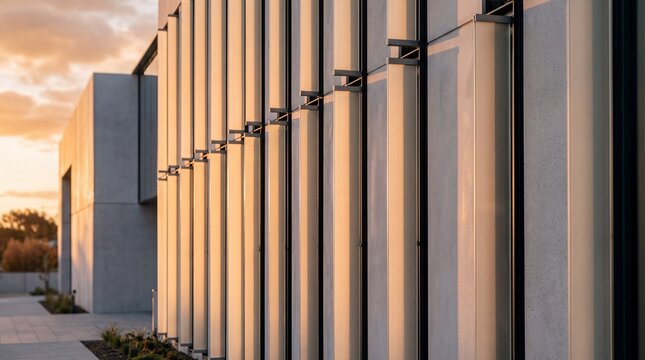 Modern Building Exterior with Architectural Sunshade Louvers at Sunset