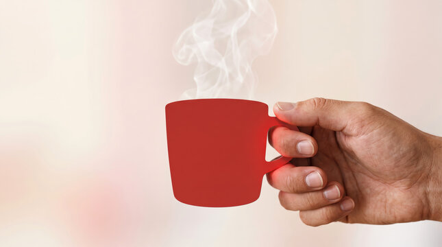 Hand Holding Red Coffee Mug Cutout with Real Steam Effect
