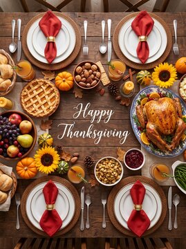 A high-angle flat lay view of a rustic Thanksgiving table setting. The table is adorned with a roasted turkey, pumpkin pie, various side dishes, fresh fruit, sunflowers, and place settings with red