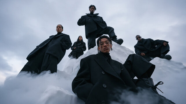 Diverse Male Models Wearing Oversized Black Coats in Snow