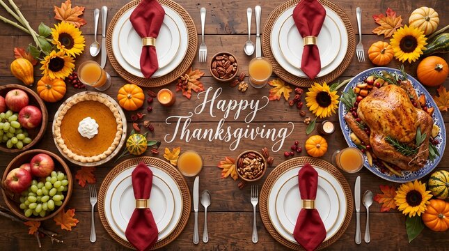 Top-Down View of a Thanksgiving Feast: Roasted Turkey, Pumpkin Pie, Fruits, and Autumn Decor on Rustic Wood