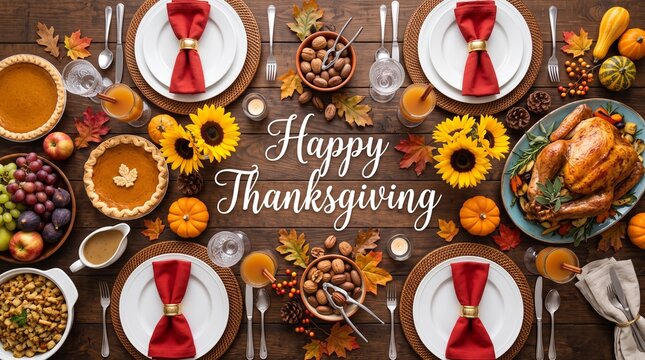 A high-angle view of a beautifully laid Thanksgiving dinner table featuring roasted turkey, pie, autumn leaves, and pumpkins with the text Happy Thanksgiving.