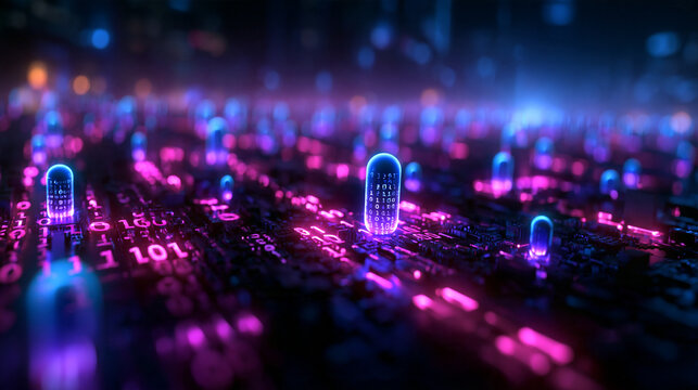 Glowing Binary Data Nodes on Digital Circuit Board
