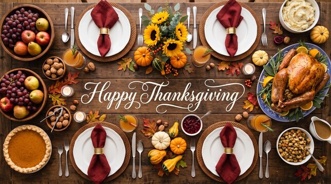 Top view of a festive Thanksgiving dinner table laden with roasted turkey, pumpkin pie, autumn fruits, colorful decorations, and plates with burgundy napkins.