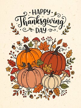 Happy Thanksgiving day hand-drawn card with cute pumpkins, autumn leaves, and mushrooms on light background