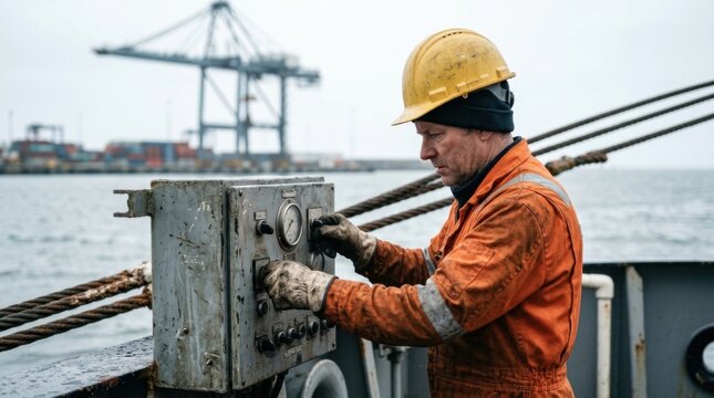 Marine engineer checking control panel on floating nuclear power platform deck with mooring cables and port crane
