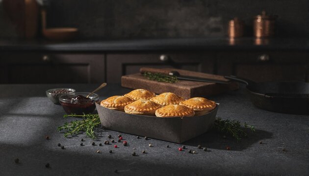 Gourmet mini pork pies on dark slate with moody lighting