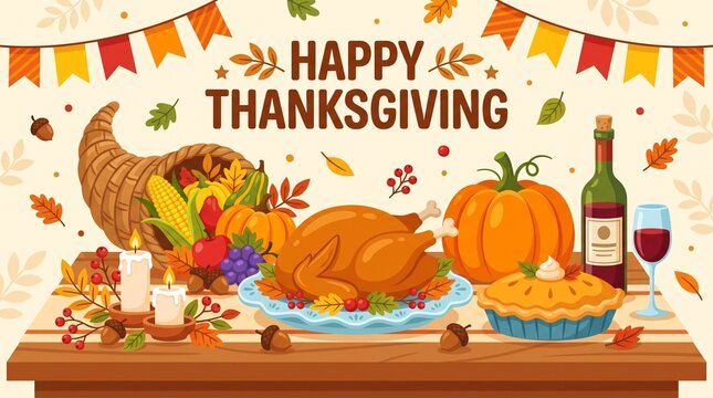 Happy Thanksgiving concept background vector illustration. Festive thanksgiving greeting design featuring cornucopia, roasted turkey, pumpkin, wine bottle and pie.