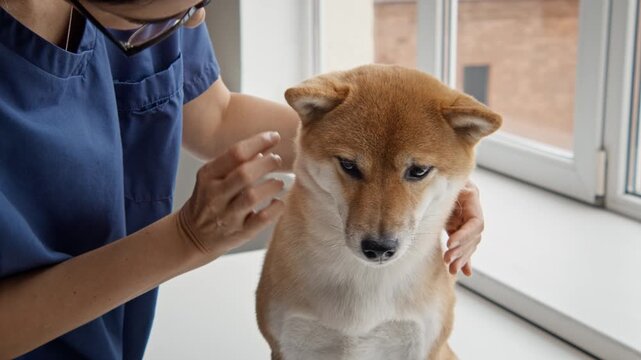Female veterinarian examining Shiba Inu dog neck during physical checkup in veterinary clinic. Footage suitable for pet healthcare advertising and animal hospital promotions