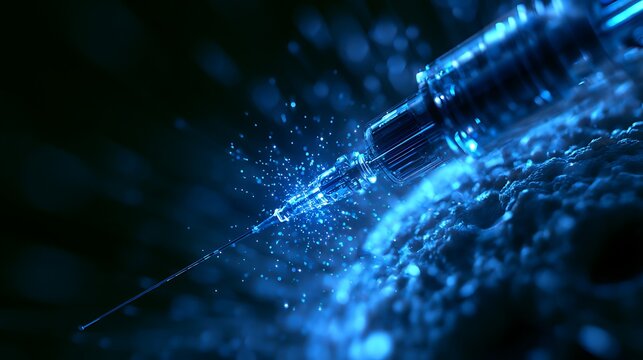 3D render of a futuristic syringe injecting glowing blue microscopic particles into a cell structure, medical innovation and nanotechnology concept.