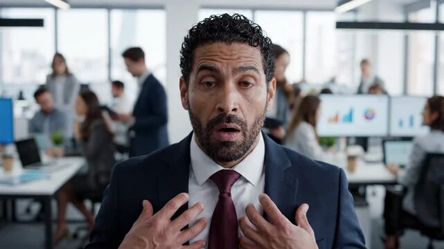 Businessman in office shows shock while looking at camera during a busy workday