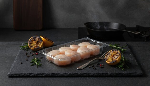 Gourmet scallops in blank packaging on dark slate background