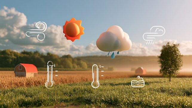 3D render of a weather forecast icon set over a farm landscape, sun, rain cloud, wind, and temperature gauge for smart farming and agtech concept.