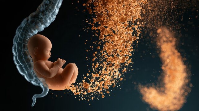 This artwork shows a vaginally born infants gut receiving diverse maternal bacteria, contrasting with a C-section infant.