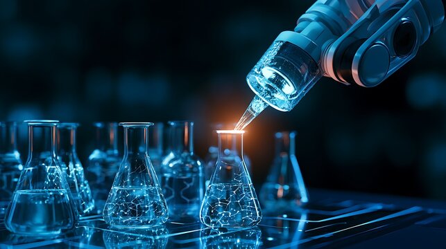 AI-powered drug discovery, robotic arm mixing chemical compounds guided by digital algorithms, advanced biotechnology and automated research concept.