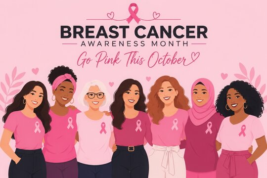 Diverse women united during Breast Cancer Awareness Month with pink ribbons supporting the cause