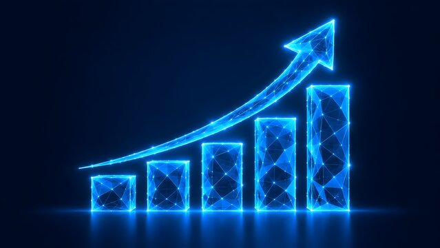 Glowing blue digital low poly bar chart with upward arrow representing business growth financial success and network data analysis