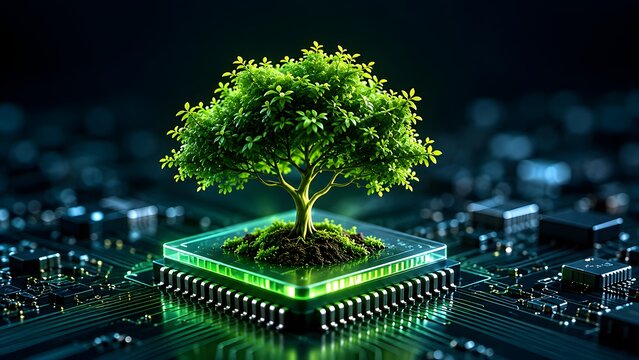 Lush green tree growing from a glowing futuristic microchip processor symbolizing green technology environmental sustainability and eco friendly digital innovation