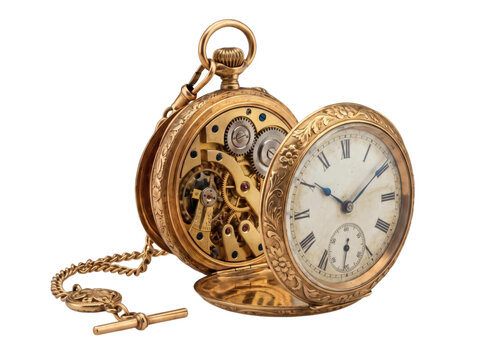 Antique gold pocket watch isolated on transparent background