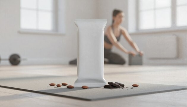 Minimalist white energy bar wrapper on a professional yoga mat with organic almonds and dark chocolate