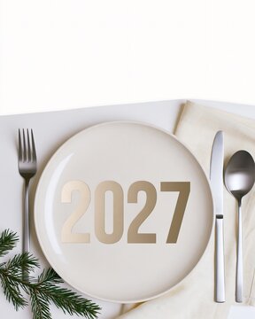 White plate with large gold 2027 number, silver cutlery and evergreen branch on minimal table, New Year dining concept with copy space for menus and holiday advertising