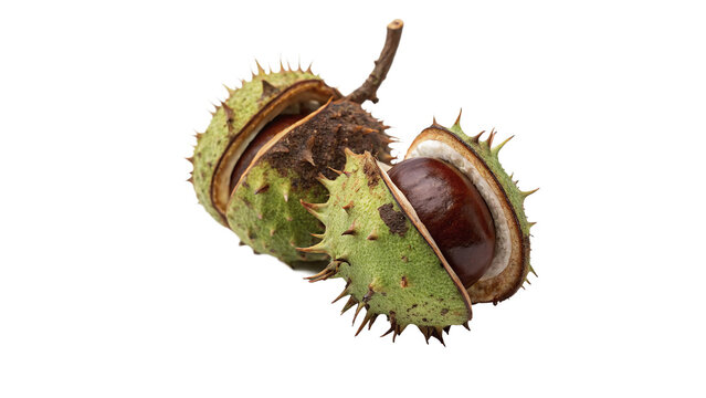 Open green prickly chestnut shell with raw brown nut on transparent background