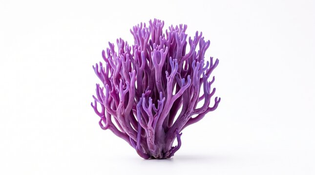 Violet coral fungus standing upright on a solid white surface highlighting intricate branching patterns.
