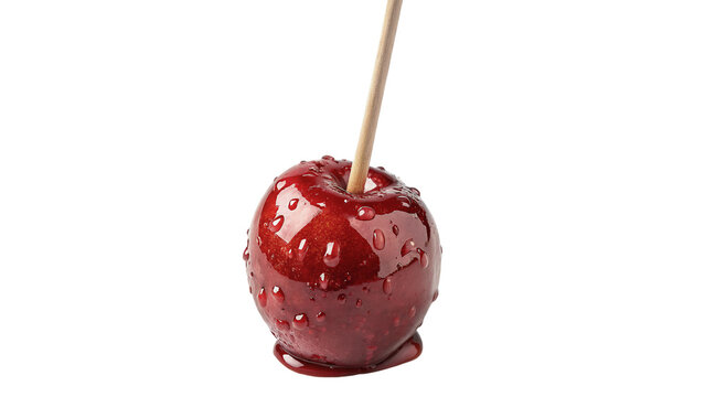 Sweet candy apple in red caramel glaze on wooden stick on transparent background