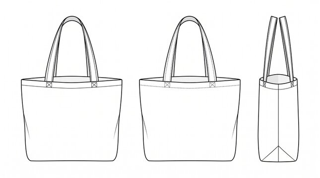 Tote Bag Fashion Technical Flat Sketch Vector Mockup with Front Back and Side Views