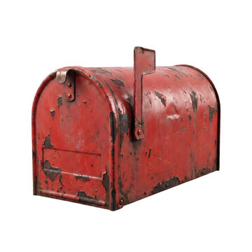 Weathered red metal mailbox isolated on transparent background