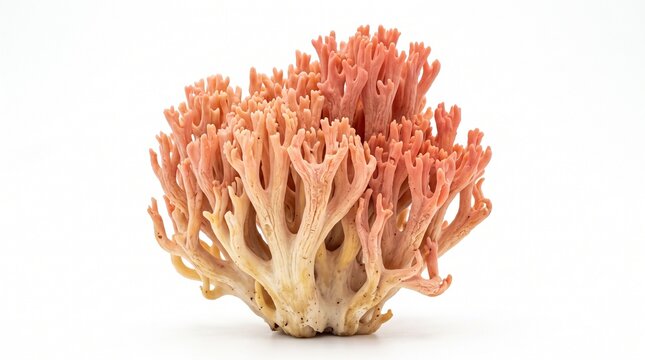Coral mushroom cluster showcasing intricate pink branching structures isolated on white.