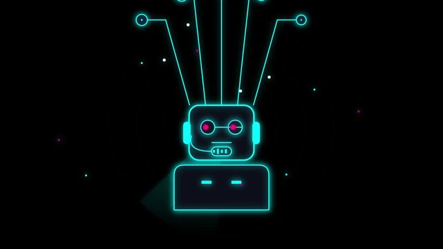 Neon robot head with glowing wires and radar scanning animation against a dark background