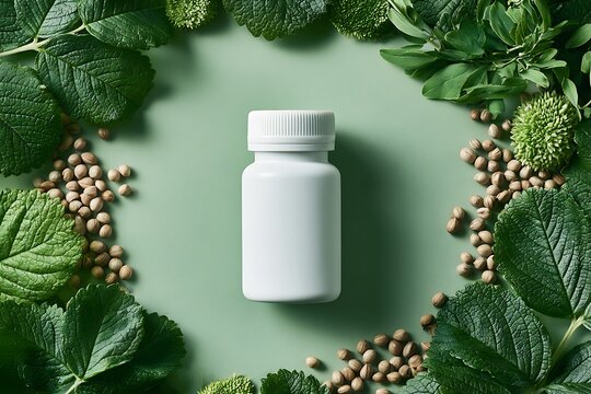 Herbal supplement product presentation, blank white bottle framed by fresh green leaves and botanical seeds, natural wellness and organic product concept.