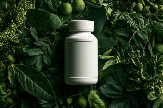 Herbal supplement product presentation, blank white bottle framed by fresh green leaves and botanical seeds, natural wellness and organic product concept.