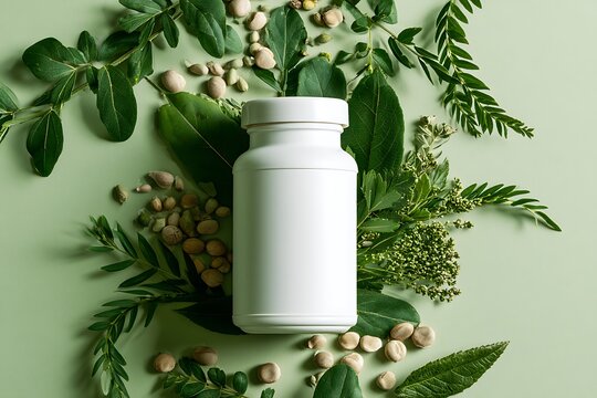 Herbal supplement product presentation, blank white bottle framed by fresh green leaves and botanical seeds, natural wellness and organic product concept.