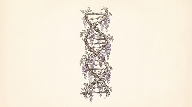 DNA double helix made of wooden vines and blooming wisteria flowers vintage botanical illustration