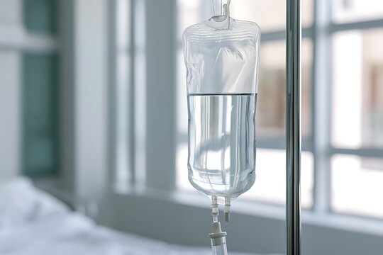 Intravenous IV drip bag filled with saline solution hanging on a metal pole inside a clean hospital room, medical treatment and healthcare concept.