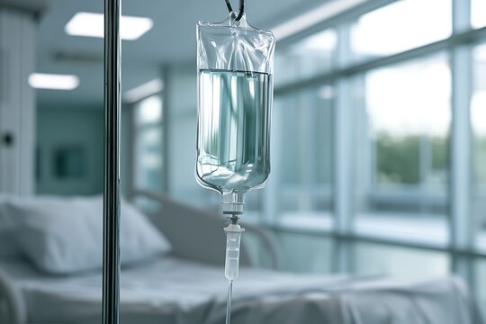 Intravenous IV drip bag filled with saline solution hanging on a metal pole inside a clean hospital room, medical treatment and healthcare concept.