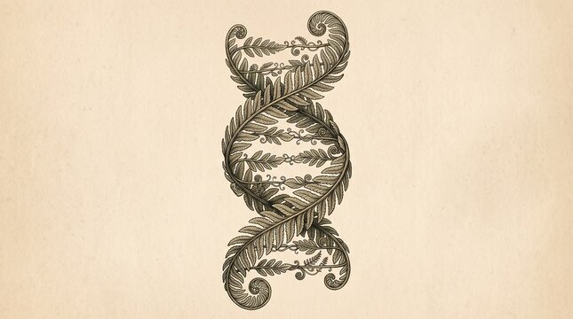 Vintage botanical illustration of DNA double helix made of fern leaves on parchment background