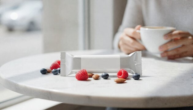 Premium snack bar with white label on a sunlit marble cafe table
