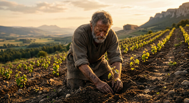 Noah Planting a Vineyard After the Great Flood, New Beginning and Renewal, Genesis 9 Biblical Story
