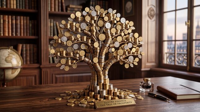 Money tree made of coins on executive desk in luxury office for financial growth and wealth