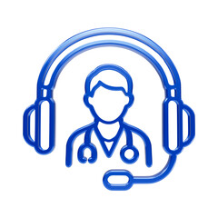 Blue 3d medical support showing a doctor profile inside large headphones with microphone boom © MDSUMON