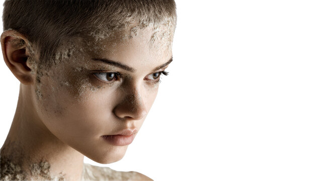 Close up portrait of young woman with shaved head and cracked clay makeup on skin looking away