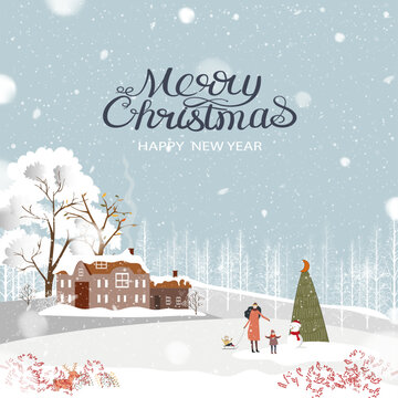 Christmas winter background, Blue sky,falling snow, snowy house and forest trees, family playing in park making snowman, Vector Holiday landscape illustration for greeting card and New Year design
